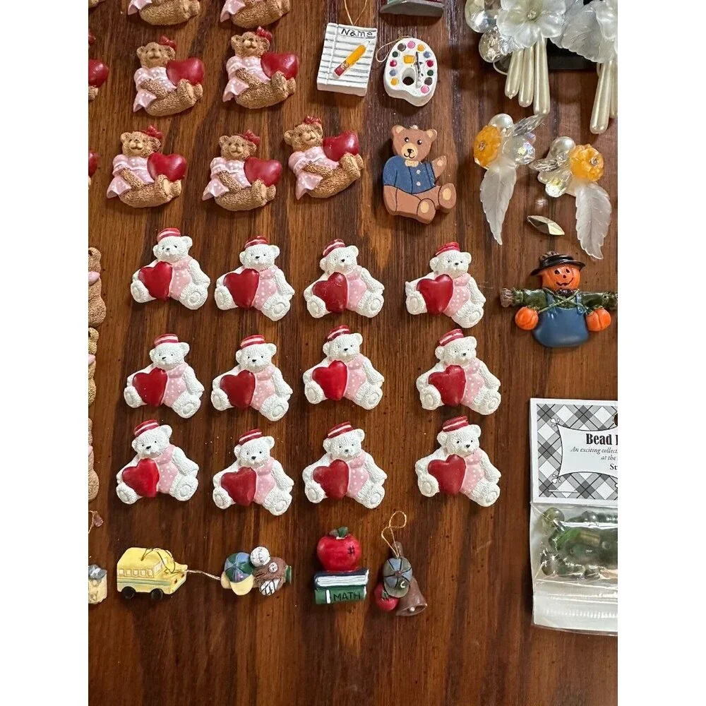 Jewelry Making/Crafting Lot Teddy Bear Flats, Foil Beads, School Ornaments, MORE